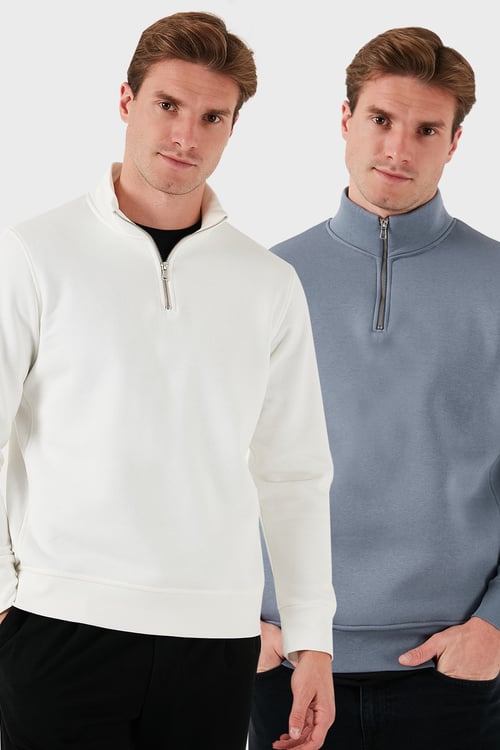 Pamuklu Regular Fit Dik Yaka 2'li Paket Erkek Sweat 59052592S2 Ekru-Koyu Gri