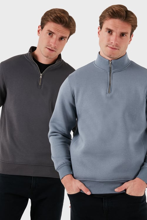 Pamuklu Regular Fit Dik Yaka 2'li Paket Erkek Sweat 59052592S2 ANTRASİT-KOYU GRİ