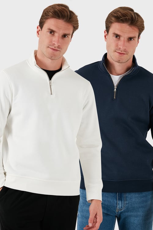 Pamuklu Regular Fit Dik Yaka 2'li Paket Erkek Sweat 59052592S2 Ekru-Koyu Lacivert