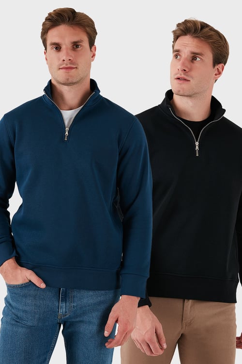 Pamuklu Regular Fit Dik Yaka 2'li Paket Erkek Sweat 59052592S2 İNDİGO-SİYAH