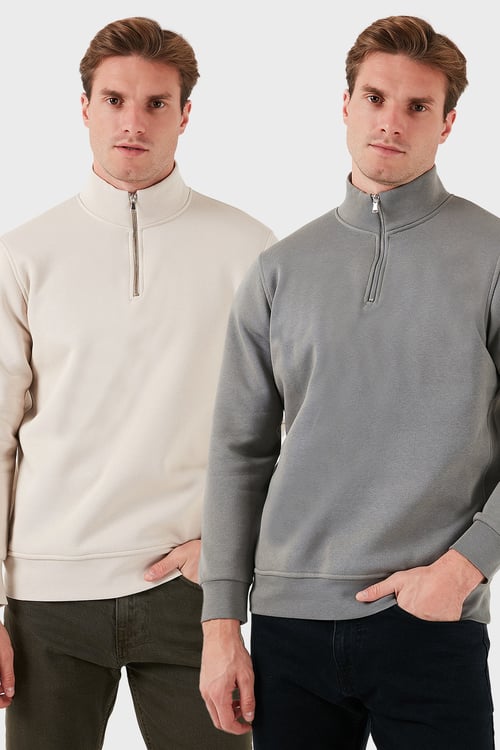 Pamuklu Regular Fit Dik Yaka 2'li Paket Erkek Sweat 59052592S2 AÇIK HAKİ-KUM