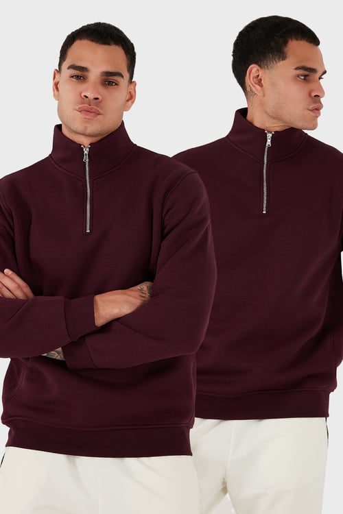 Pamuklu Regular Fit Dik Yaka 2'li Paket Erkek Sweat 59052592S2 Vişne-Vişne