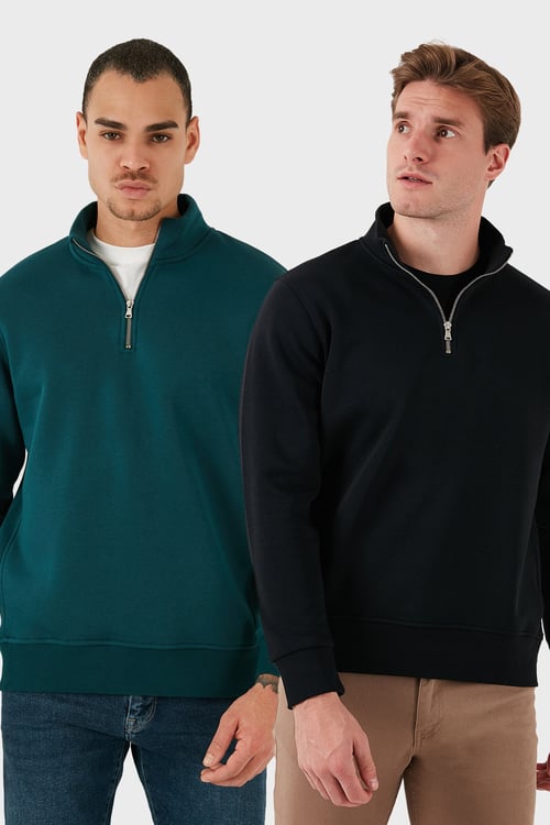 Pamuklu Regular Fit Dik Yaka 2'li Paket Erkek Sweat 59052592S2 PETROL-SİYAH