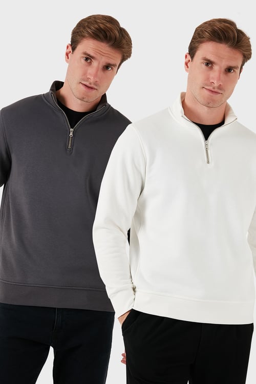 Pamuklu Regular Fit Dik Yaka 2'li Paket Erkek Sweat 59052592S2 Ekru-Antrasit