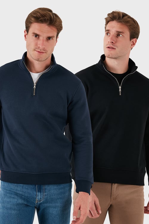 Pamuklu Regular Fit Dik Yaka 2'li Paket Erkek Sweat 59052592S2 Koyu Lacivert-Siyah