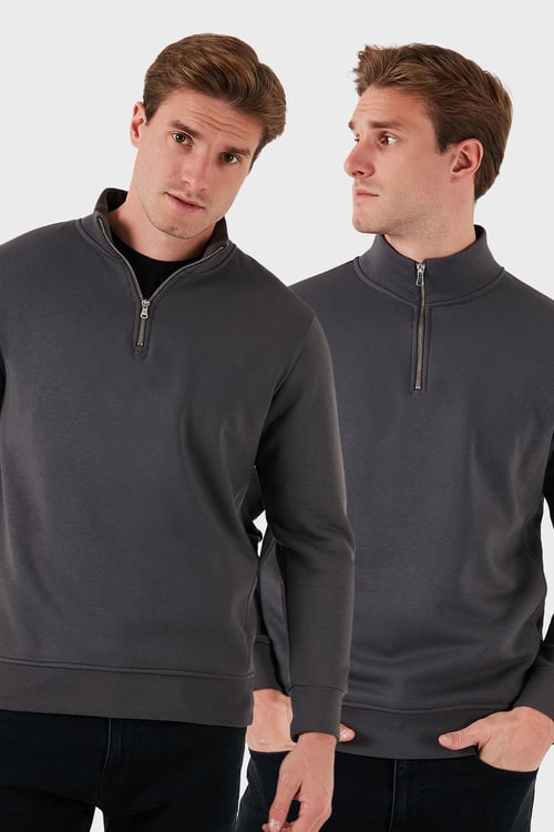 Pamuklu Regular Fit Dik Yaka 2'li Paket Erkek Sweat 59052592S2 Antrasit-Antrasit