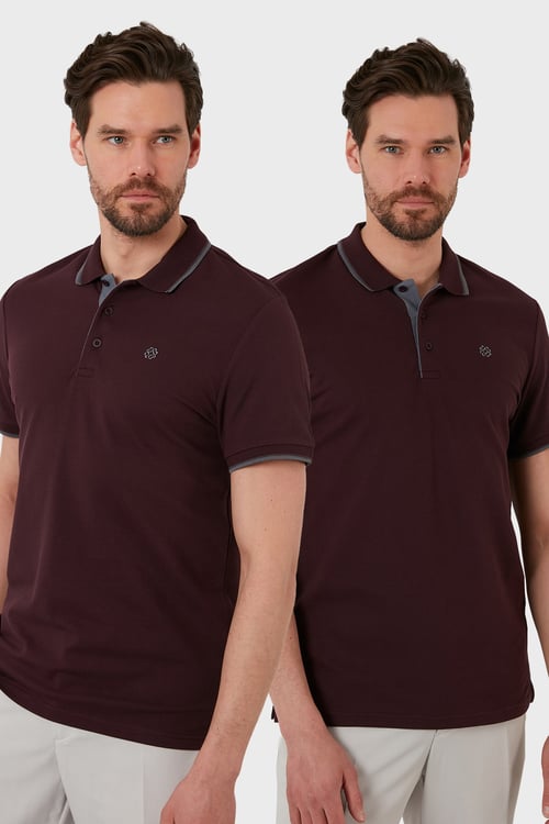 Pamuklu Regular Fit Düğmeli 2'li Paket Erkek Polo Yaka T Shirt 5902118S2 Vişne-Vişne