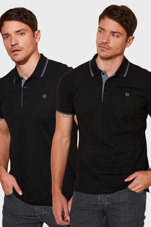 Pamuklu Regular Fit Düğmeli 2'li Paket Erkek Polo Yaka T Shirt 5902118S2 SİYAH-SİYAH