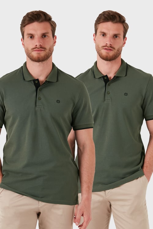 Pamuklu Regular Fit Düğmeli 2'li Paket Erkek Polo Yaka T Shirt 5902118S2 Haki-Haki