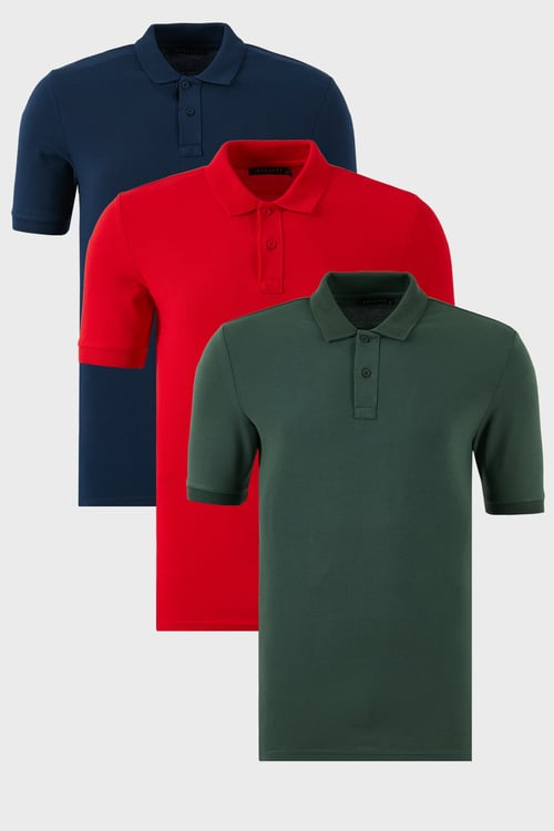 Pamuklu Regular Fit Düğmeli 3'lü Paket Erkek Polo Yaka T Shirt 5902739S3 İndigo-Kırmızı-Nefti