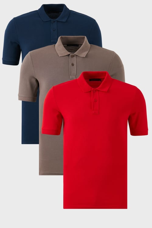 Pamuklu Regular Fit Düğmeli 3'lü Paket Erkek Polo Yaka T Shirt 5902739S3 İndigo-Kırmızı-Vizon