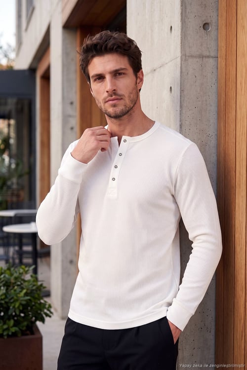 Pamuklu Regular Fit Düğmeli Bisiklet Yaka Erkek Sweat 5905852 EKRU