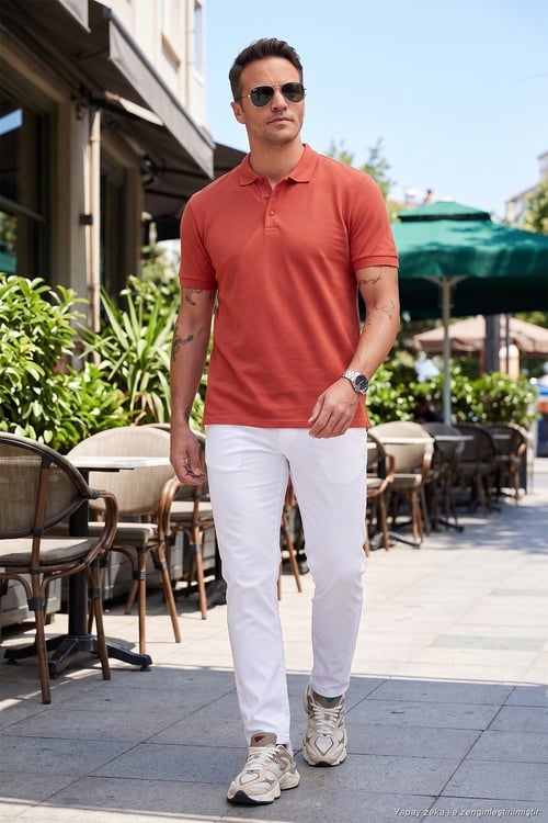 Pamuklu Regular Fit Düğmeli Erkek Polo Yaka T Shirt 5902127 KİREMİT