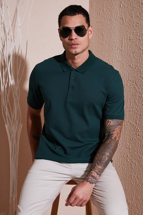 Pamuklu Regular Fit Düğmeli Erkek Polo Yaka T Shirt 5902127 YEŞİL