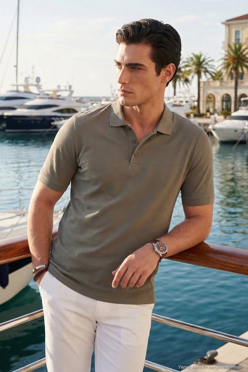 Pamuklu Regular Fit Düğmeli Erkek Polo Yaka T Shirt 5902127 HAKİ