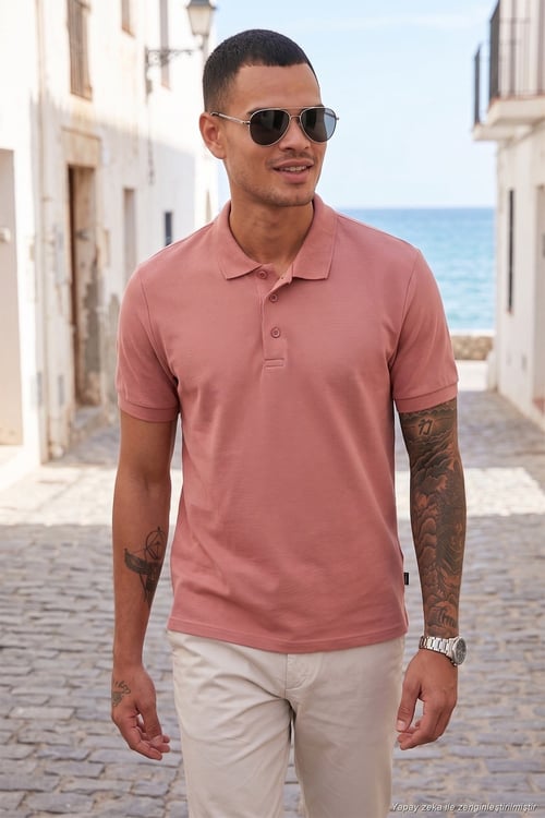Pamuklu Regular Fit Düğmeli Erkek Polo Yaka T Shirt 5902127 GÜL
