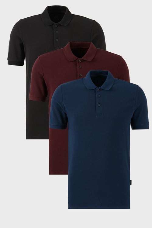 Pamuklu Regular Fit Düğmeli Polo Yaka 3'lü Paket Erkek T Shirt 5902127S3 İndigo-Siyah-Vişne