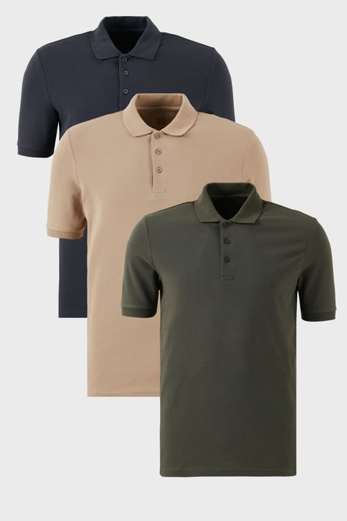 Pamuklu Regular Fit Düğmeli Polo Yaka 3'lü Paket Erkek T Shirt 5902127S3 Antrasit-Haki-Vizon