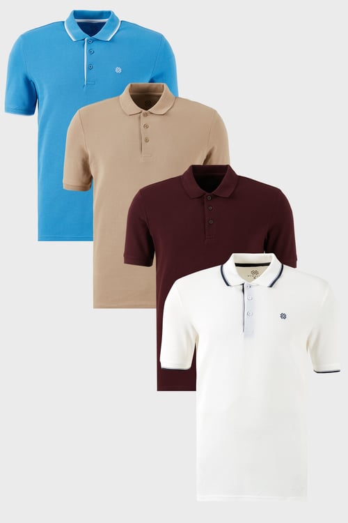 Pamuklu Regular Fit Düğmeli Polo Yaka 4'lü Paket T Shirt Erkek Polo Yaka T Shirt 590211827S4 Koyu Mavi-Vişne-Beyaz-Vizon