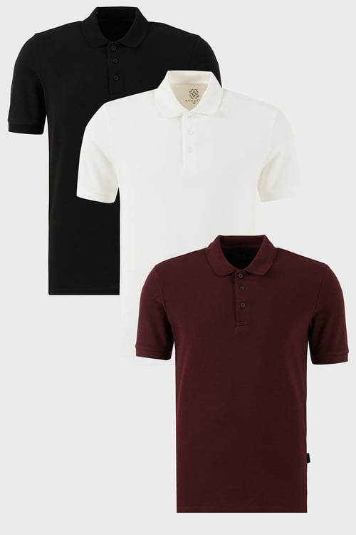 Pamuklu Regular Fit Düğmeli Polo Yaka 3'lü Paket Erkek T Shirt 5902127S3 Siyah-Beyaz-Vişne