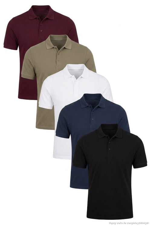 Pamuklu Regular Fit Düğmeli Polo Yaka 5'li Paket Erkek T Shirt 5902127S5 Siyah-Beyaz-Haki-Vişne-İndigo