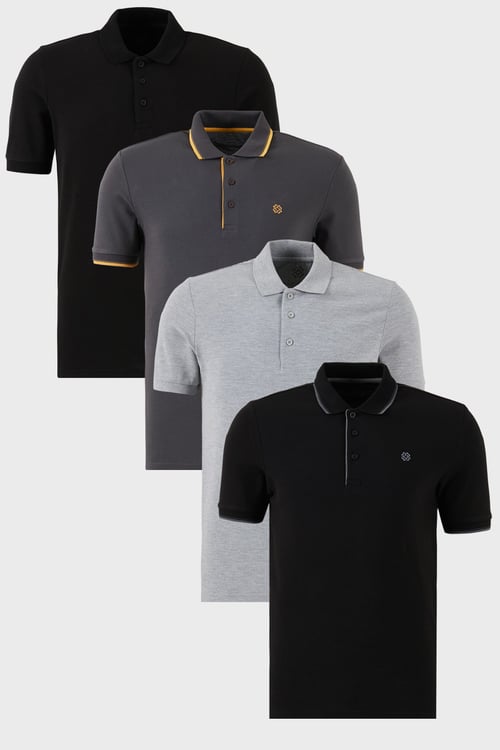 Pamuklu Regular Fit Düğmeli Polo Yaka 4'lü Paket T Shirt Erkek Polo Yaka T Shirt 590211827S4 Siyah-Siyah-Antrasit-Gri Melanj