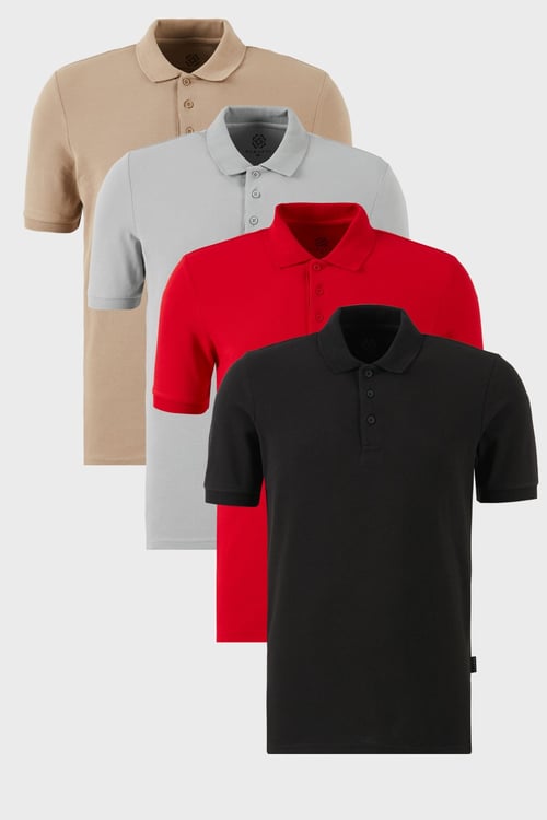 Pamuklu Regular Fit Düğmeli Polo Yaka 4'lü Paket Erkek T Shirt 5902127S4 Siyah-Kırmızı-Kül-Vizon