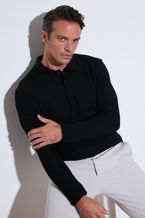 Pamuklu Regular Fit Düğmeli Polo Yaka Erkek Sweat 5905708 SİYAH