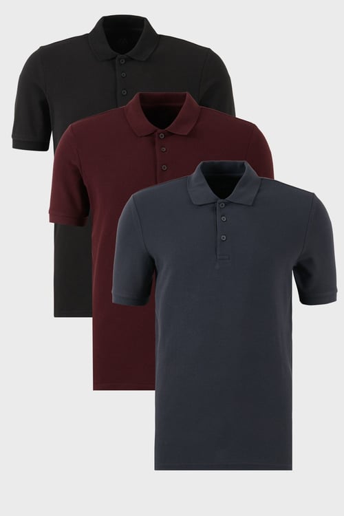 Pamuklu Regular Fit Düğmeli Polo Yaka 3'lü Paket Erkek T Shirt 5902127S3 Siyah-Vişne-Antrasit