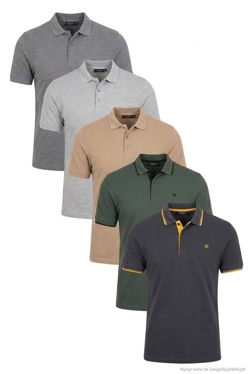 Pamuklu Regular Fit Düğmeli Polo Yaka 5'li Paket Erkek T Shirt 590211827S5 Gri Melanj-Antrasit-Haki-Kül-Vizon