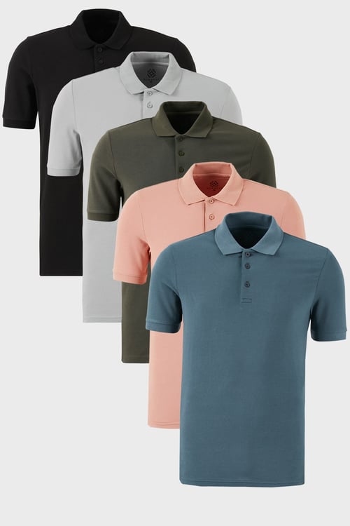 Pamuklu Regular Fit Düğmeli Polo Yaka 5'li Paket Erkek T Shirt 5902127S5 Siyah-Haki-Pudra-Kül-Petrol