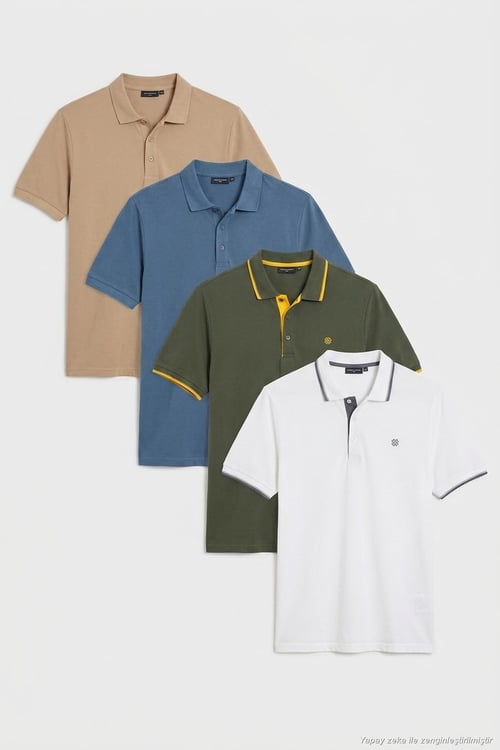 Pamuklu Regular Fit Düğmeli Polo Yaka 4'lü Paket T Shirt Erkek Polo Yaka T Shirt 590211827S4 Vizon-Petrol-Beyaz-Haki Sarı