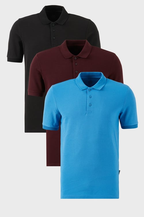 Pamuklu Regular Fit Düğmeli Polo Yaka 3'lü Paket Erkek T Shirt 5902127S3 Siyah-Vişne-Koyu Mavi