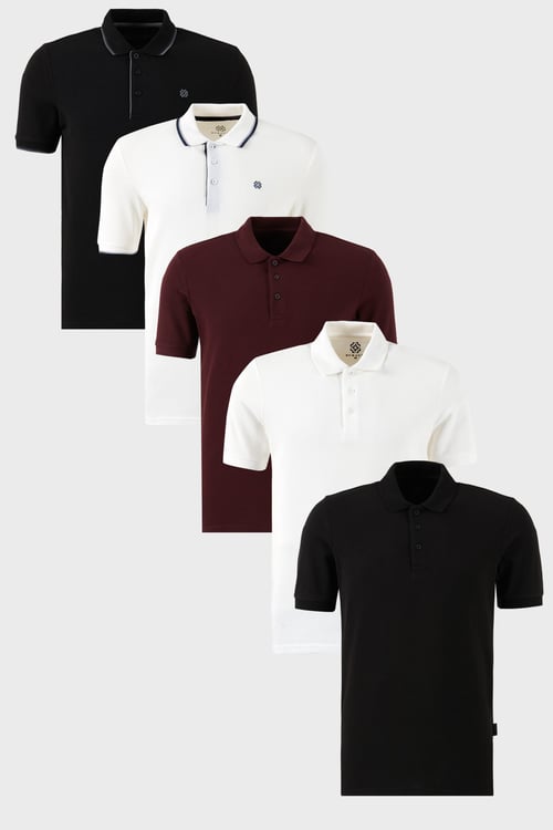 Pamuklu Regular Fit Düğmeli Polo Yaka 5'li Paket Erkek T Shirt 590211827S5 Siyah-Beyaz-Siyah-Beyaz-Vişne