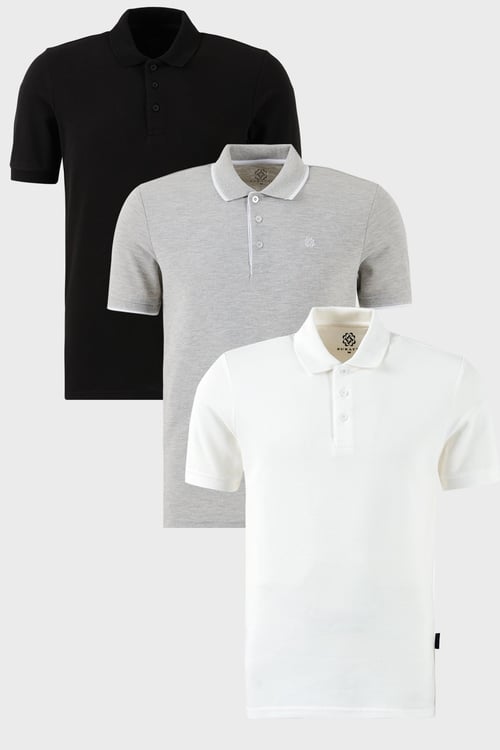 Pamuklu Regular Fit Düğmeli Polo Yaka 3'lü Paket Erkek T Shirt 590211827S3 Siyah-Beyaz-Gri Melanj