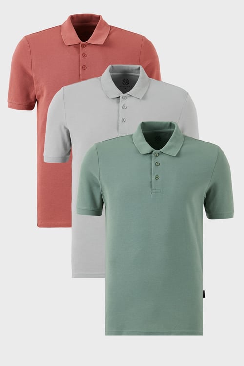 Pamuklu Regular Fit Düğmeli Polo Yaka 3'lü Paket Erkek T Shirt 5902127S3 Gül-Elma Yeşili-Kül