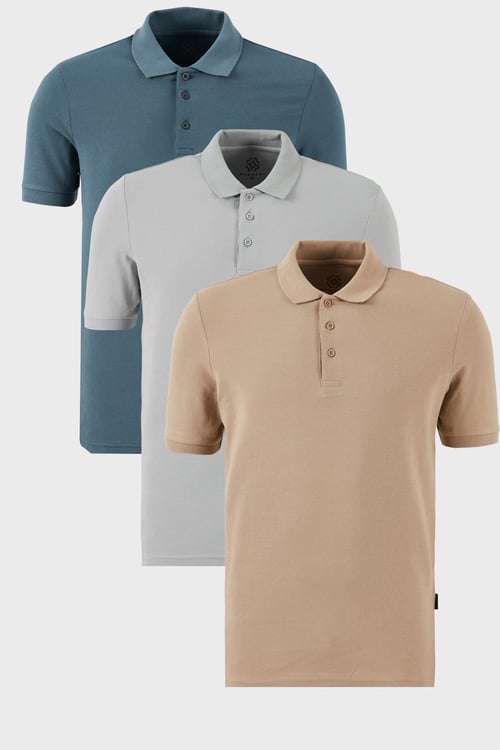 Pamuklu Regular Fit Düğmeli Polo Yaka 3'lü Paket Erkek T Shirt 5902127S3 Kül-Petrol-Vizon