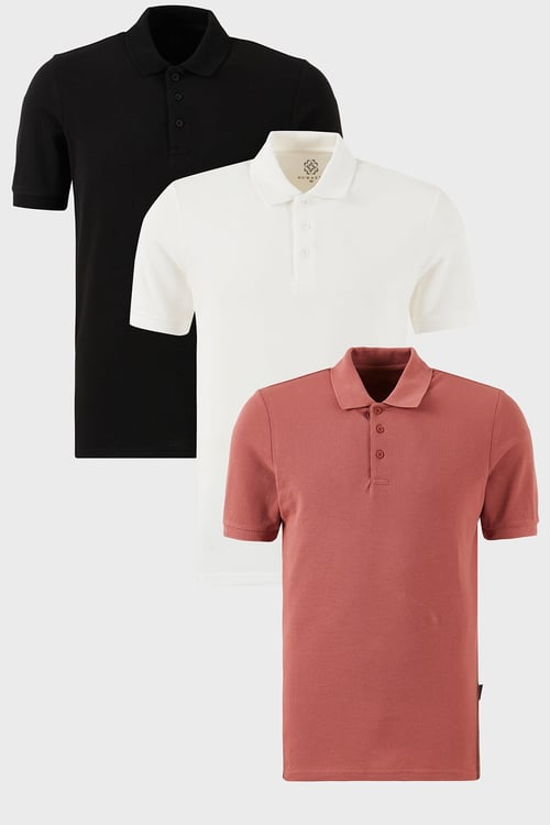 Pamuklu Regular Fit Düğmeli Polo Yaka 3'lü Paket Erkek T Shirt 5902127S3 Siyah-Beyaz-Gül