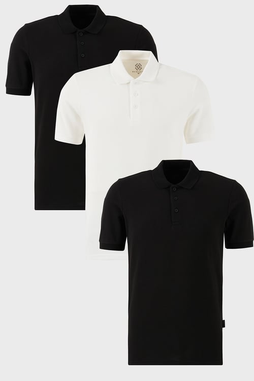 Pamuklu Regular Fit Düğmeli Polo Yaka 3'lü Paket Erkek T Shirt 5902127S3 Siyah-Beyaz-Siyah
