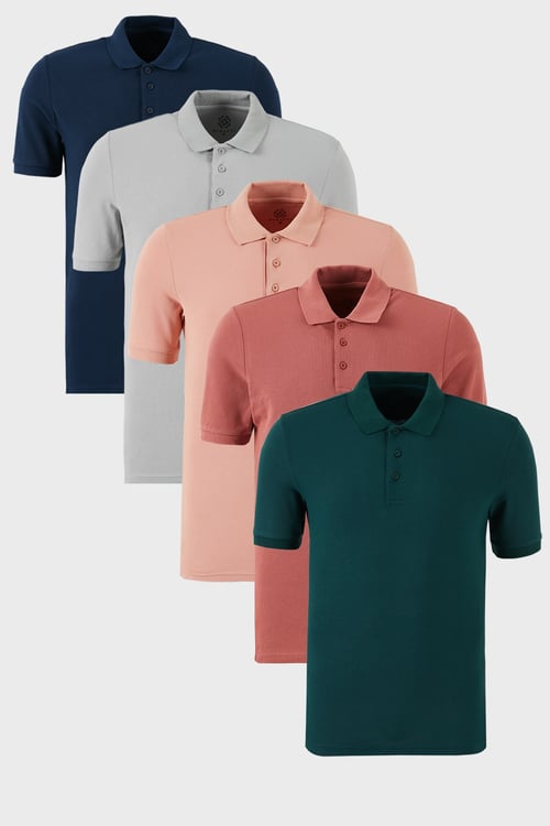 Pamuklu Regular Fit Düğmeli Polo Yaka 5'li Paket Erkek T Shirt 5902127S5 İndigo-Yeşil-Pudra-Gül-Kül