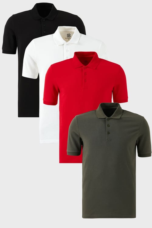 Pamuklu Regular Fit Düğmeli Polo Yaka 4'lü Paket Erkek T Shirt 5902127S4 Siyah-Beyaz-Kırmızı-Haki