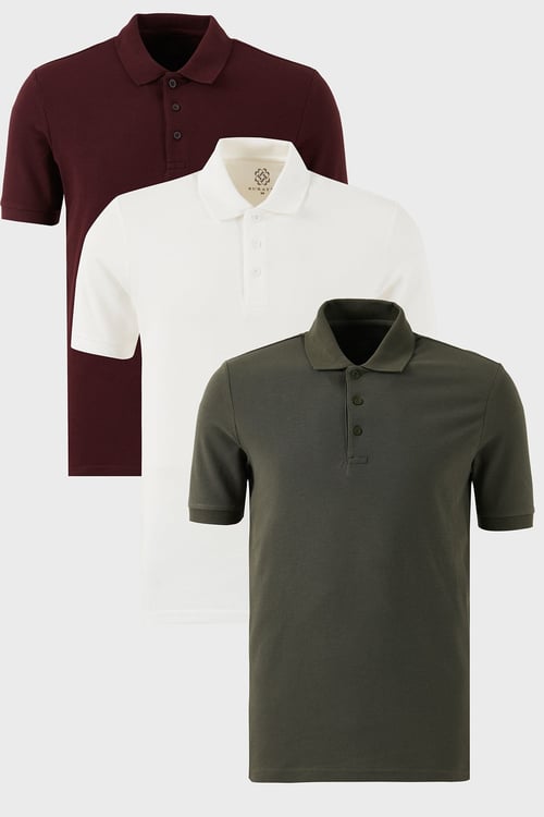 Pamuklu Regular Fit Düğmeli Polo Yaka 3'lü Paket Erkek T Shirt 5902127S3 Beyaz-Vişne-Haki
