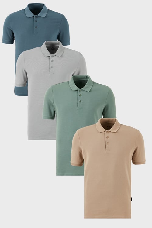Pamuklu Regular Fit Düğmeli Polo Yaka 4'lü Paket Erkek T Shirt 5902127S4 Vizon-Petrol-Kül-Elma Yeşili
