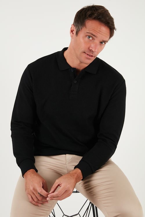 Pamuklu Regular Fit Düğmeli Polo Yaka Erkek Sweat 5905739 SİYAH