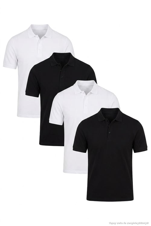 Pamuklu Regular Fit Düğmeli Polo Yaka 4'lü Paket Erkek T Shirt 5902127S4 Siyah-Beyaz-Beyaz-Siyah