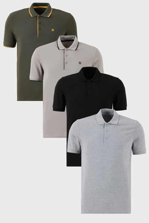 Pamuklu Regular Fit Düğmeli Polo Yaka 4'lü Paket T Shirt Erkek Polo Yaka T Shirt 590211827S4 Siyah-Hakisarı-Taş-Gri Melanj