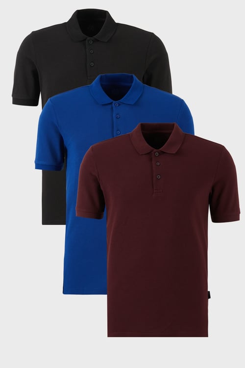 Pamuklu Regular Fit Düğmeli Polo Yaka 3'lü Paket Erkek T Shirt 5902127S3 Siyah-Vişne-Saks
