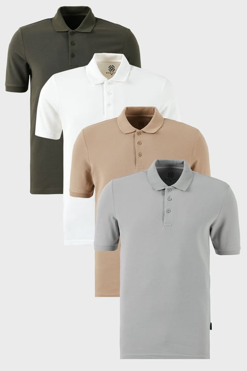 Pamuklu Regular Fit Düğmeli Polo Yaka 4'lü Paket Erkek T Shirt 5902127S4 Kül-Vizon-Beyaz-Haki