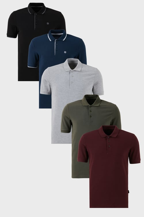 Pamuklu Regular Fit Düğmeli Polo Yaka 5'li Paket Erkek T Shirt 590211827S5 Siyah-Haki-İndigo-Vişne-Gri Melanj