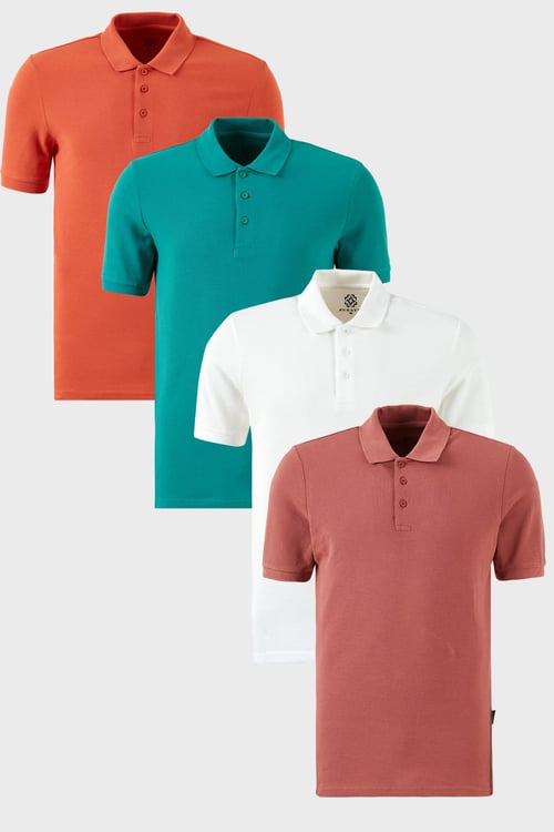 Pamuklu Regular Fit Düğmeli Polo Yaka 4'lü Paket Erkek T Shirt 5902127S4 Beyaz-Tarçın-Benetton-Gül